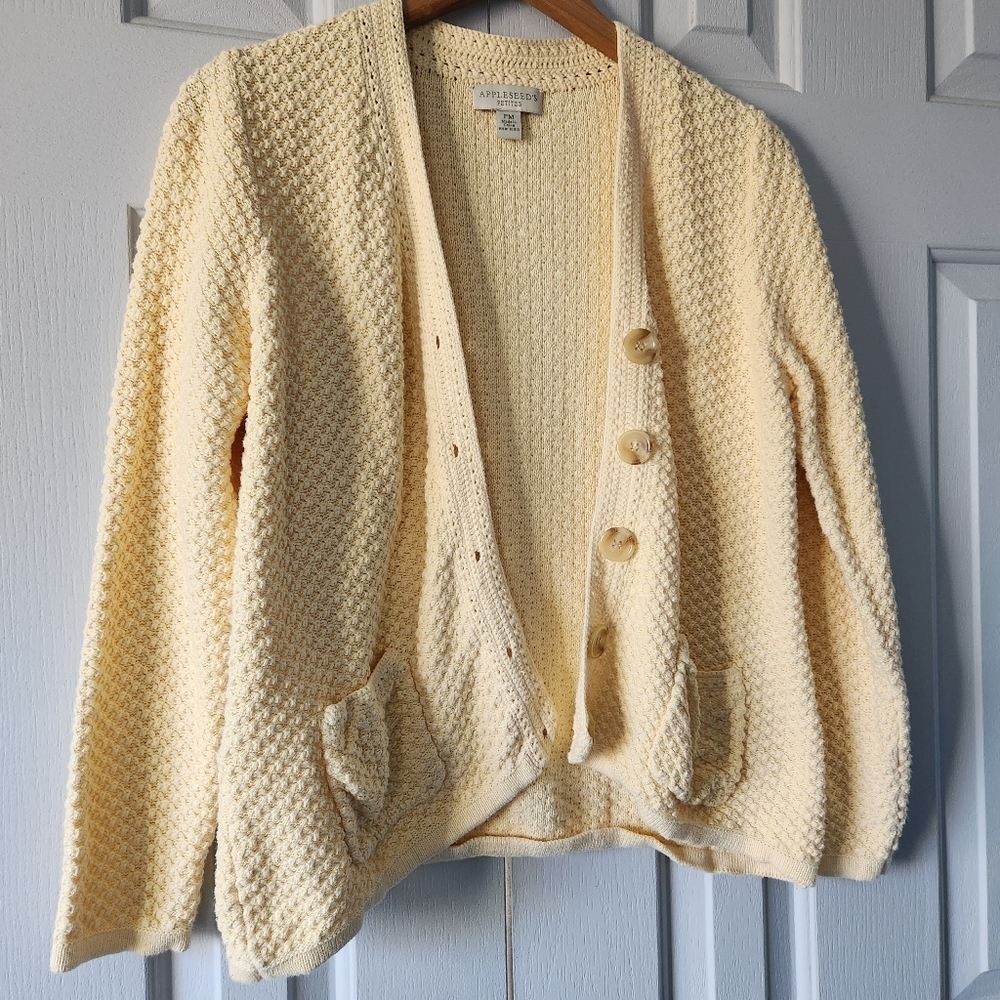 Appleseeds Petites Cotton Yellow Honeycomb Cardigan Size PM Cottagecore - Picture 4 of 7
